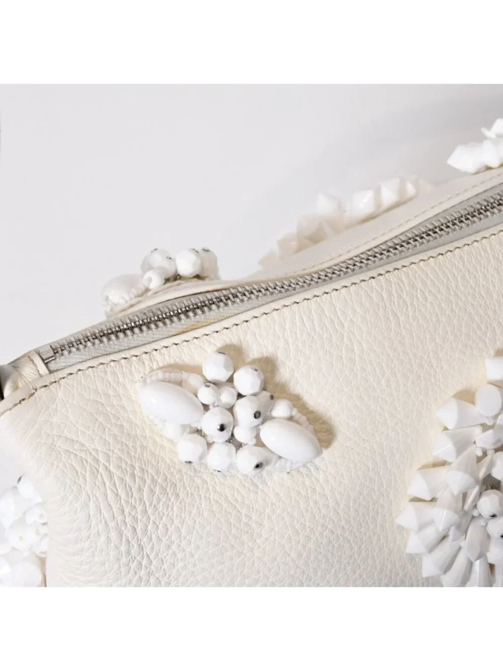 Prada Hobo Handbag Beads Leather White